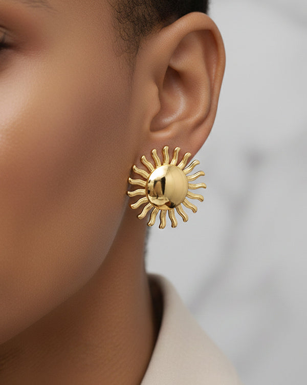 Here I Shine Earrings by Imaraya – radiant gold plated statement earrings, hypoallergenic jewelry