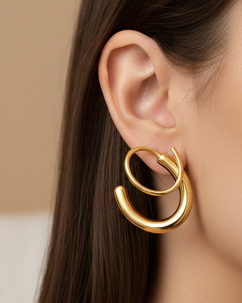 Twin Curve Hoops by Imaraya – sculpted gold plated hoop earrings, hypoallergenic jewelry