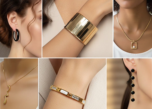 Imaraya jewelry collage with gold plated earrings necklaces and bracelets, premium hypoallergenic