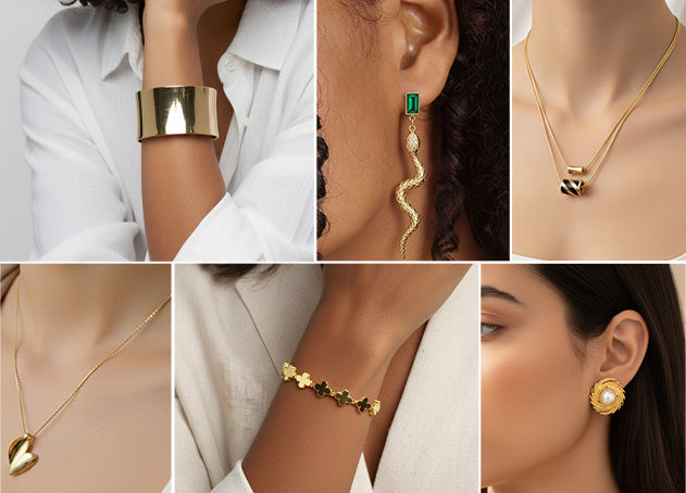 Imaraya jewelry collection collage featuring layered gold plated pieces, water resistant anti tarnish